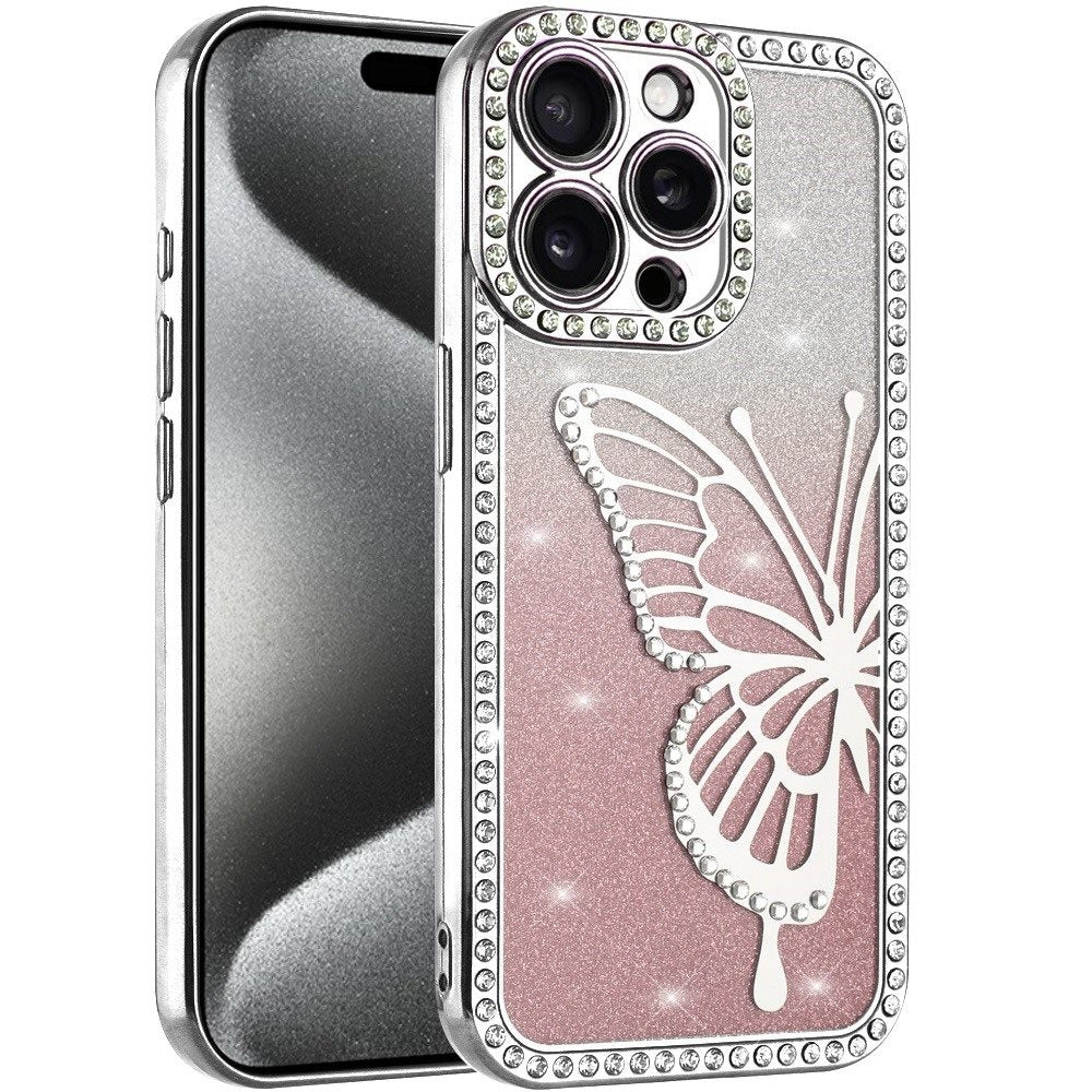 For Apple iPhone 14 /13 Butterfly Glitter Diamond Shimmer Hybrid Slim & Stylish Electroplated Sparkly Bling Shockproof TPU Protective Case Cover