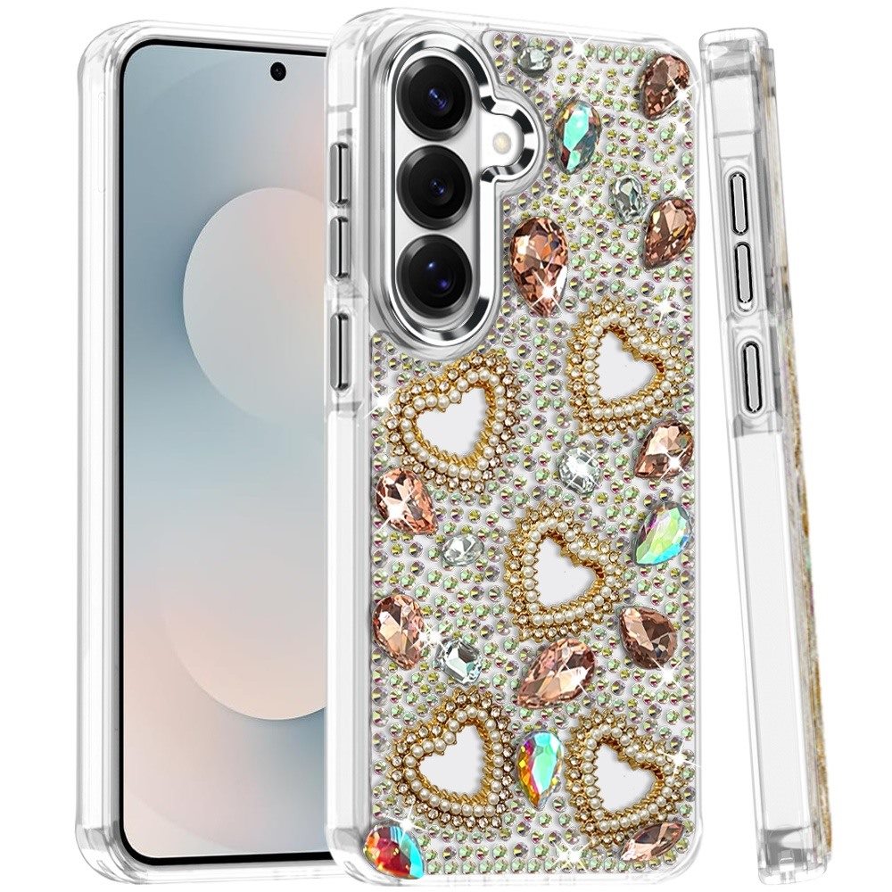 Phone Case for Galaxy S25 FE Fan Edition Luxury Crystal Heart Rhinestone Diamond Bling Shockproof Hybrid Glitter Protective Stylish Durable Grip Cover