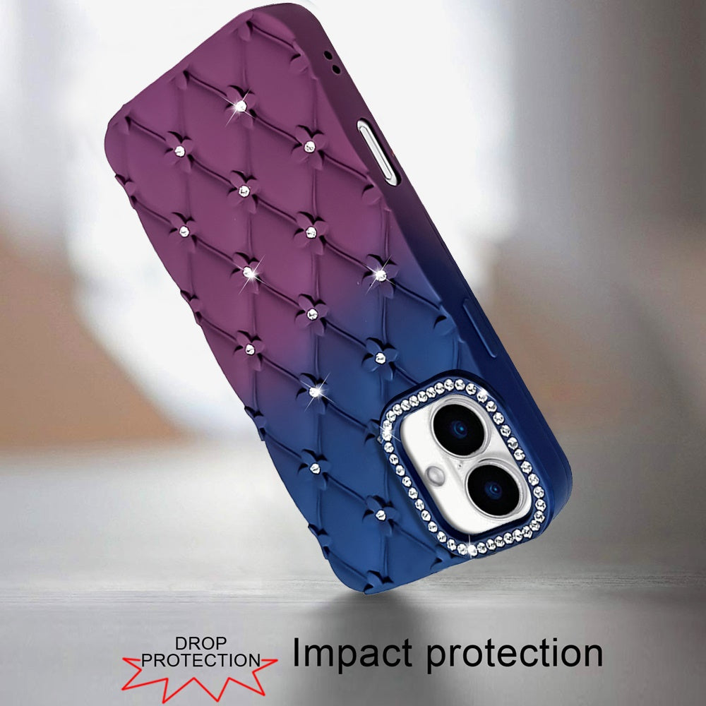For Samsung Galaxy S25 Ultra Fashion Flower Design Sparkle Glitter Shimmer Rhinestone Bling Floral Accents, Leather Texture TPU Case Cover Dark Blue /Burgundy