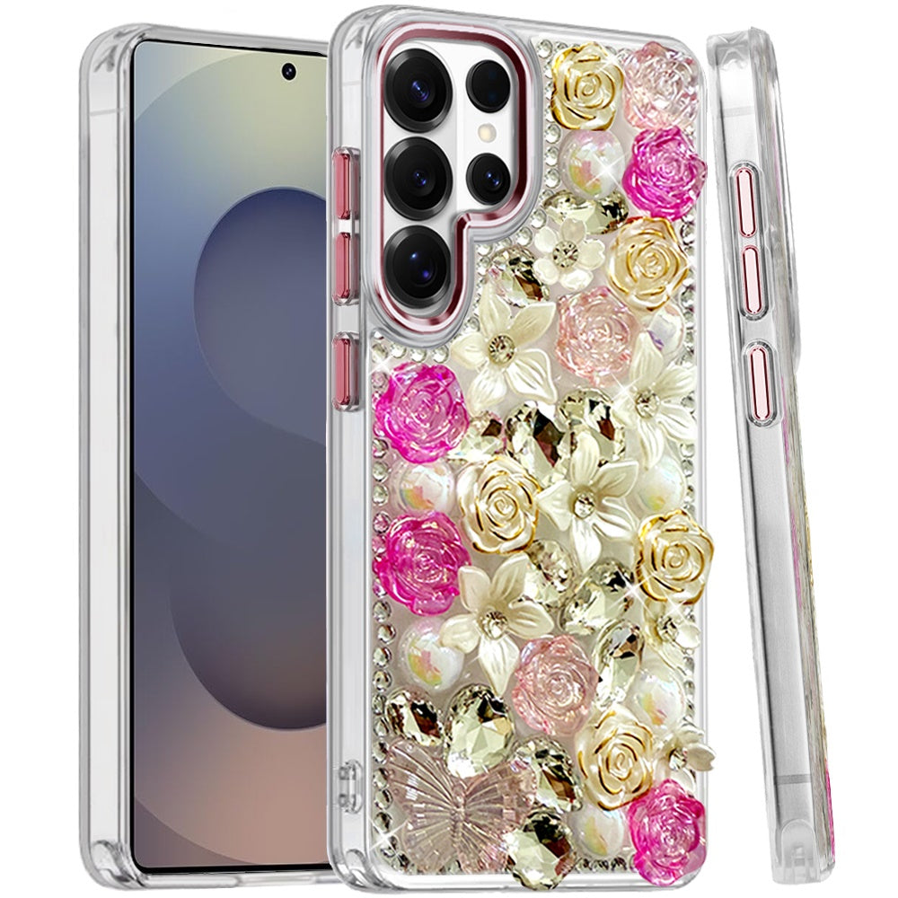 For Samsung Galaxy S25 Ultra 3D Diamond Floral Roses Flower Bling Stone Hybrid, Sparkly Rhinestone Gemstone Back Shockproof Case Cover