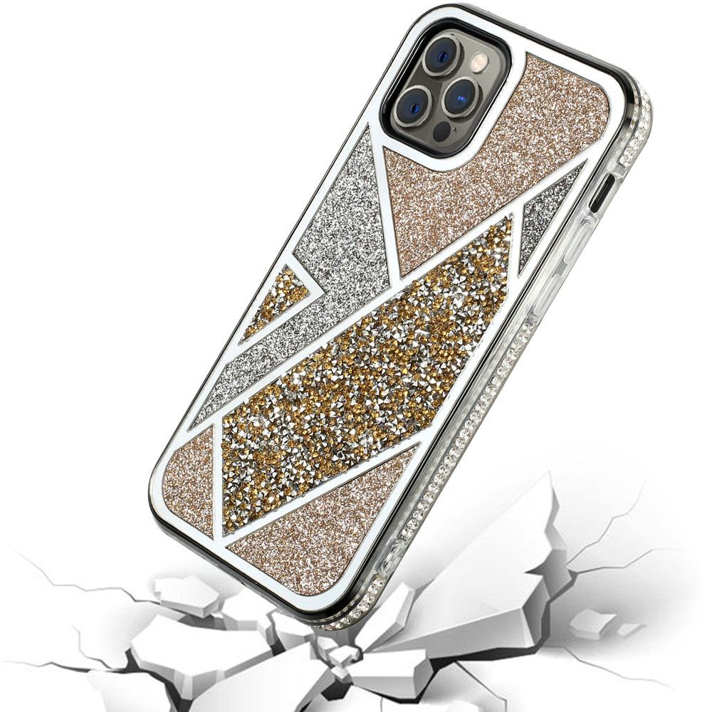 For Apple iPhone 16 (6.1") Cute Fancy Glitter Bling Diamond Rhinestone Sparkly Bumper Fashion Shiny Hybrid Rugged TPU Case Cover Gold