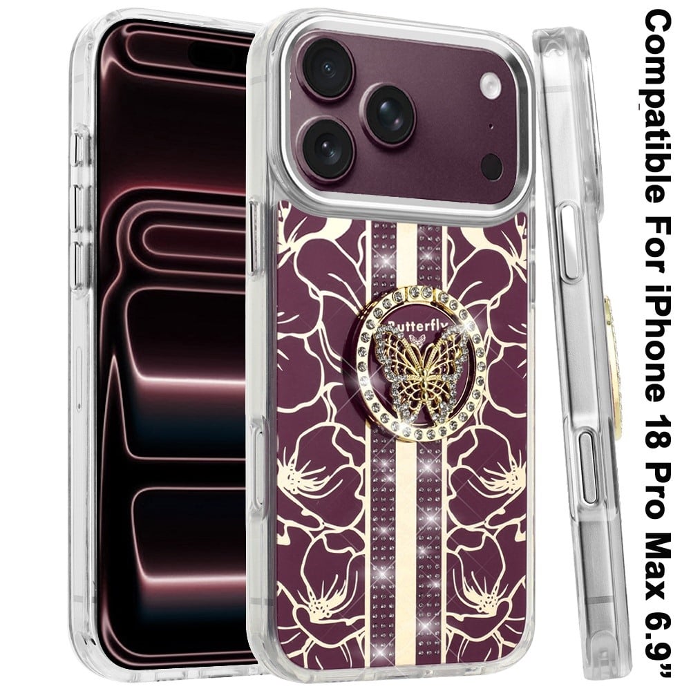 Phone Case for Apple iPhone 18 Pro Max/ iPhone 17 Pro Max Floral Butterfly Ring Stand Glitter Bling Shockproof Hybrid Luxury Fashion Protective Anti Slip Durable Grip Cover Purple