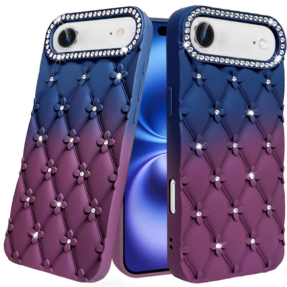 For Apple iPhone 17 Air (6.6") Fashion Flower Design Sparkle Glitter Shimmer Rhinestone Bling Floral Accents, Leather Texture TPU Case Cover