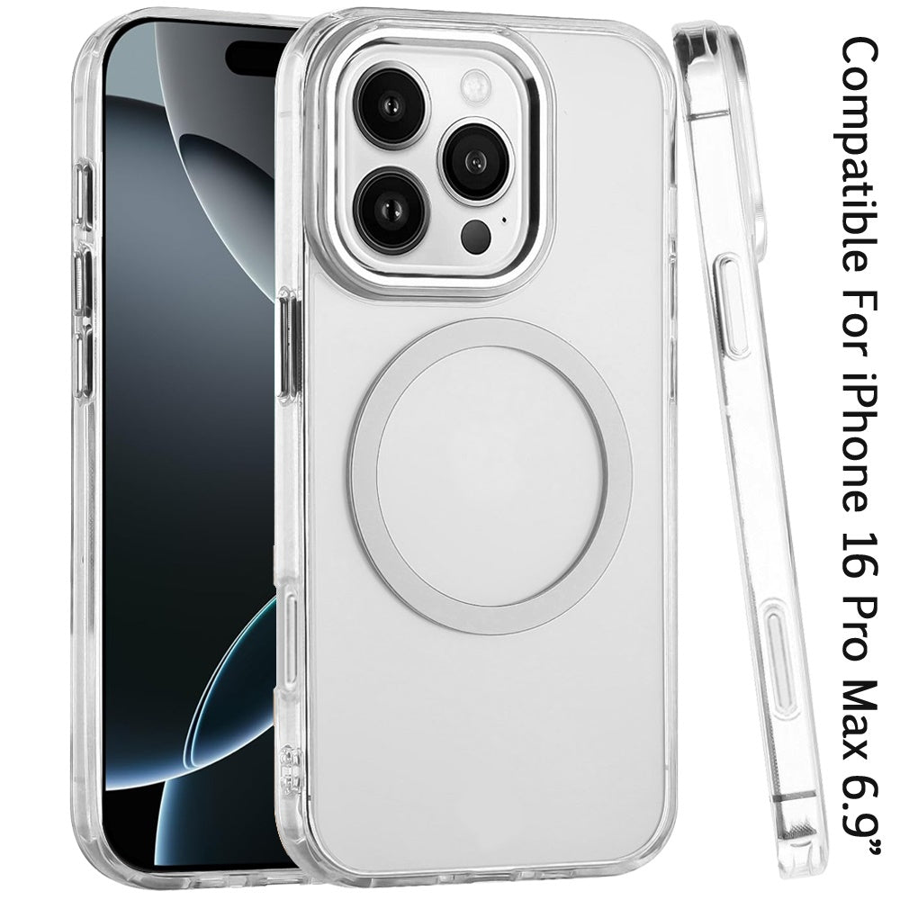 For iPhone 16 Pro Max (6.9") Transparent Back Hybrid Case - Magnetic Circle, Color Frame, Metal Buttons, MagSafe Compatible Protector