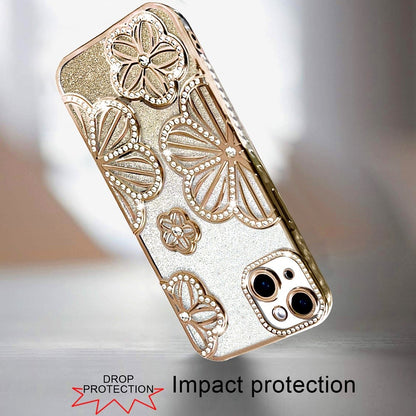 For Apple iPhone 16 Plus (6.7") Luxury Floral Design Sparkle Glitter Diamond Crystal Rhinestone Shimmer Bling Plating Thick TPU Hard PC Case Cover