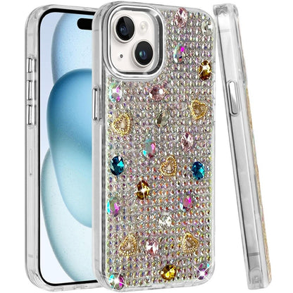Phone Case for Apple iPhone 15 Plus Chrome Fashion Hybrid Bling Diamond Heart Rhinestone Decorative Stones Sparkling Embellished Design Cover