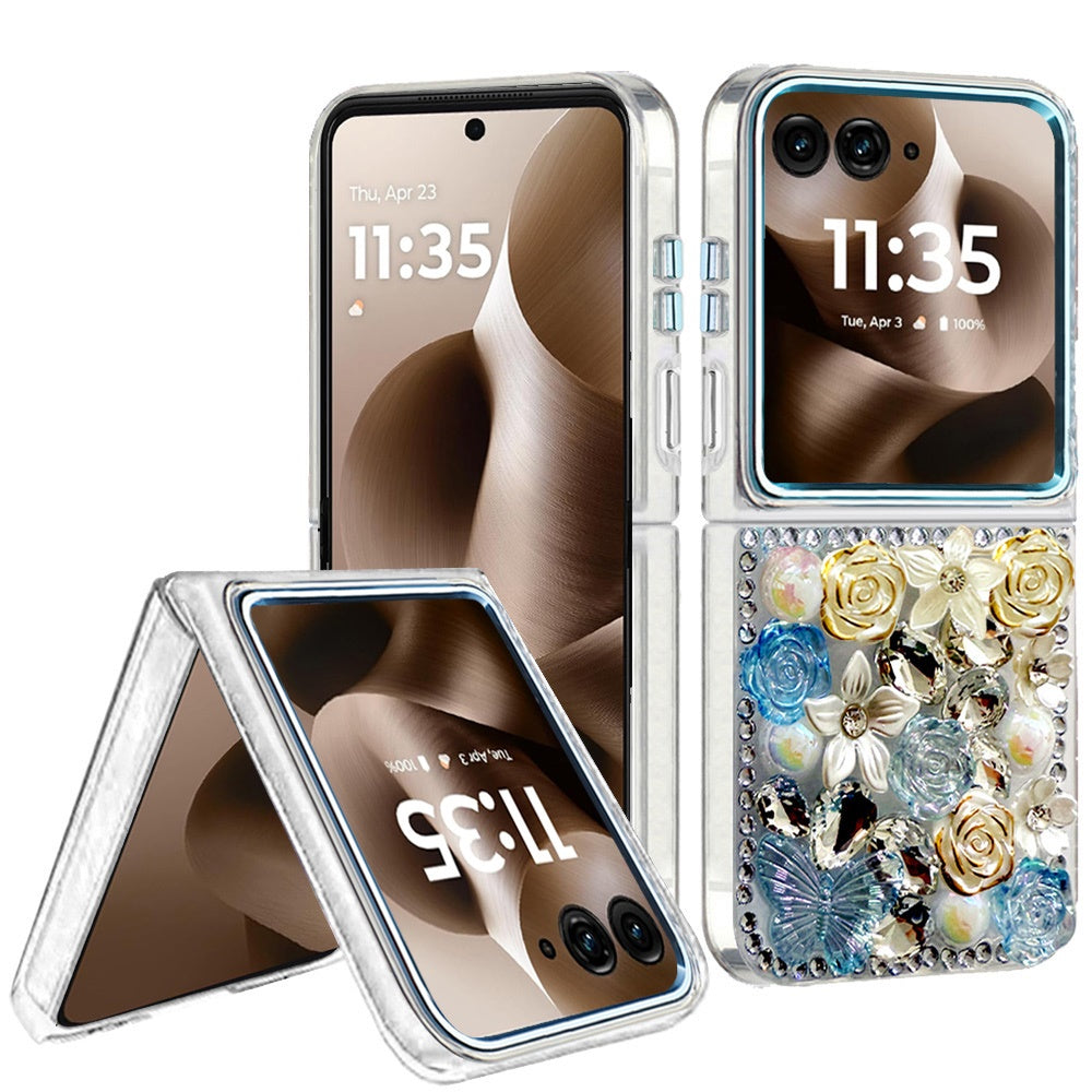 For Motorola Razr Ultra 2025 3D Diamond Floral Roses Flower Bling Stone Hybrid, Sparkly Rhinestone Gemstone Back Shockproof Case Cover