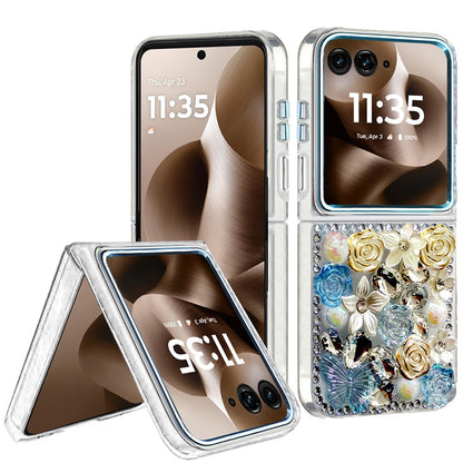 For Motorola Razr Ultra 2025 3D Diamond Floral Roses Flower Bling Stone Hybrid, Sparkly Rhinestone Gemstone Back Shockproof Case Cover