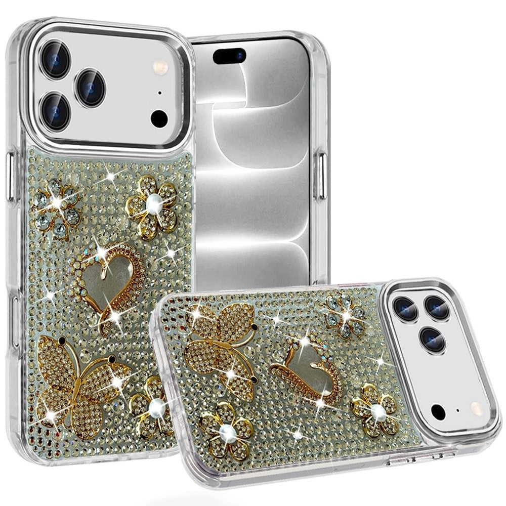 Phone Case for Apple iPhone 18 Pro/ iPhone 17 Pro Luxury Crystal Butterfly Floral Jeweled Heart Full Diamond Design, Sparkling Decorative Details, Elegant Style Cover Silver