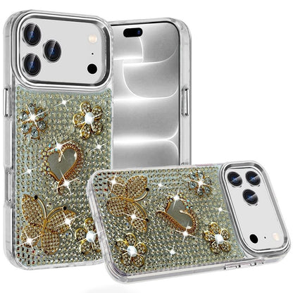 Phone Case for Apple iPhone 18 Pro/ iPhone 17 Pro Luxury Crystal Butterfly Floral Jeweled Heart Full Diamond Design, Sparkling Decorative Details, Elegant Style Cover Silver