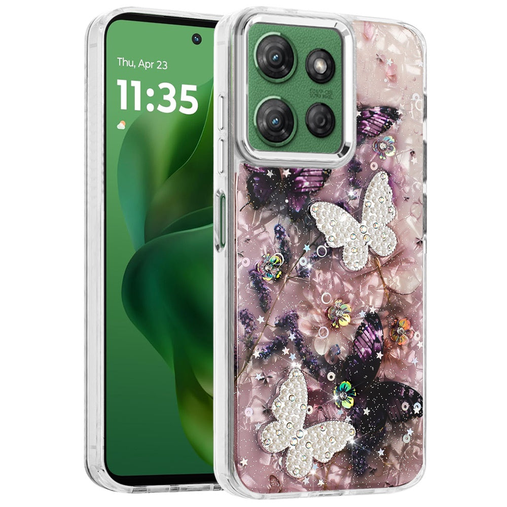 For Motorola Moto G 5G 2025 Epoxy Glitter Flowers Bling 3D Butterfly Fashion TPU Hybrid with Shockproof Protection Case Cover