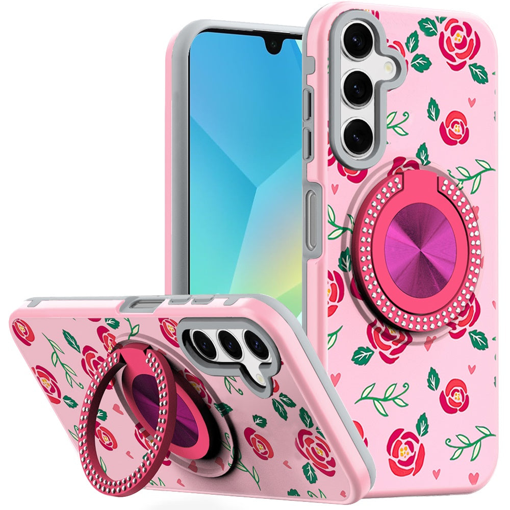 Phone Case for Samsung Galaxy A16 5G Magnetic Ring Stand Matte Metal Hybrid Car Mount Friendly Shockproof Rotational Grip Diamond Design Pattern Cover