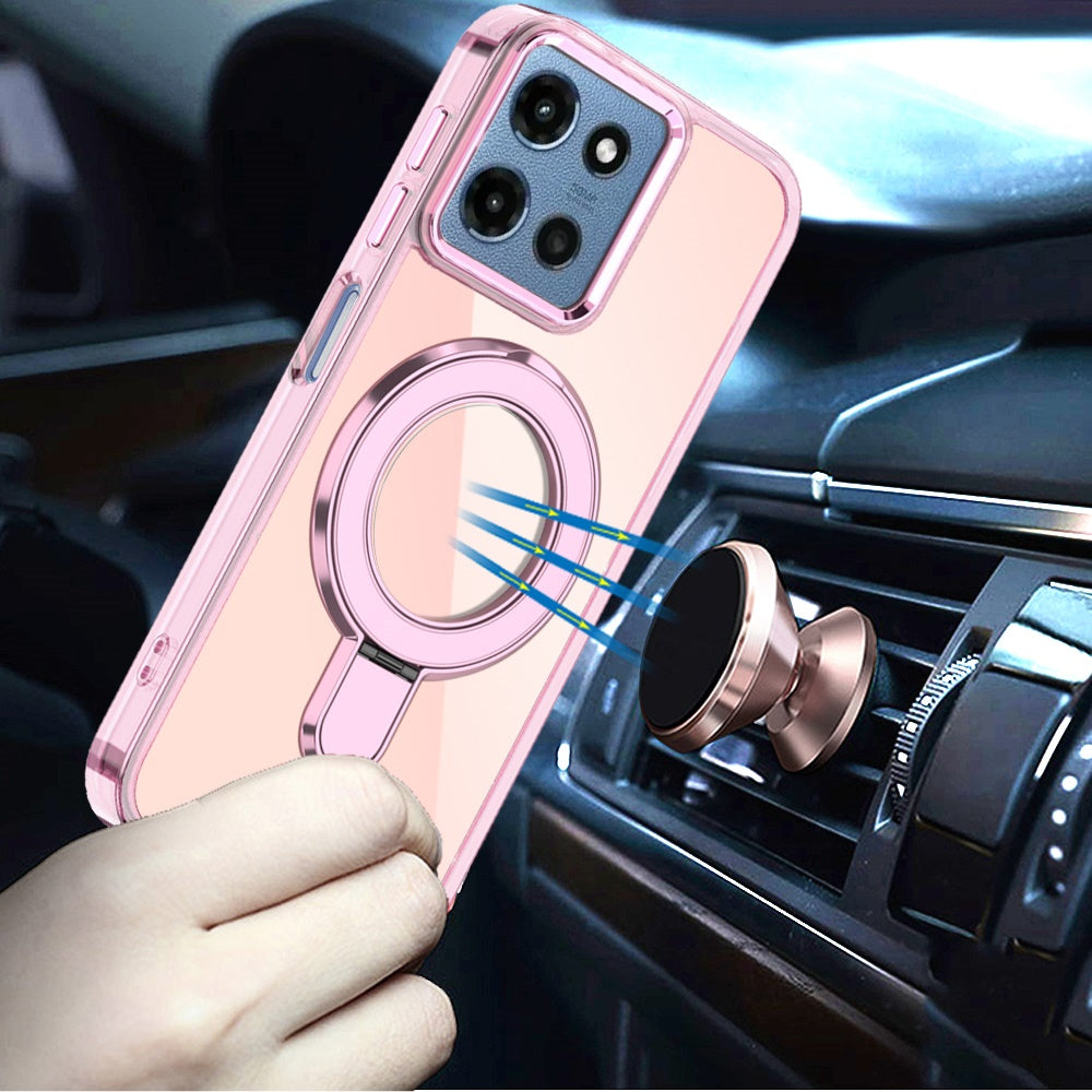 Phone Case for Motorola Moto G Play 5G 2026 Chrome Magnetic Ring Stand Rotational Shockproof Hybrid Kickstand Metal Finish Rugged Drop Protection Armor Cover Light Pink