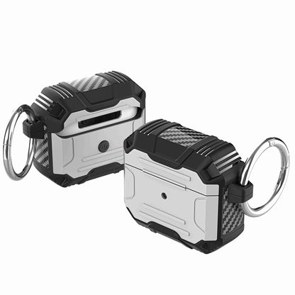 For Apple Airpods 4 Rugged ShockProof Hybrid With Metal Hook Carabiner Heavy Duty Armor Carbon Fiber PC Case Cover
