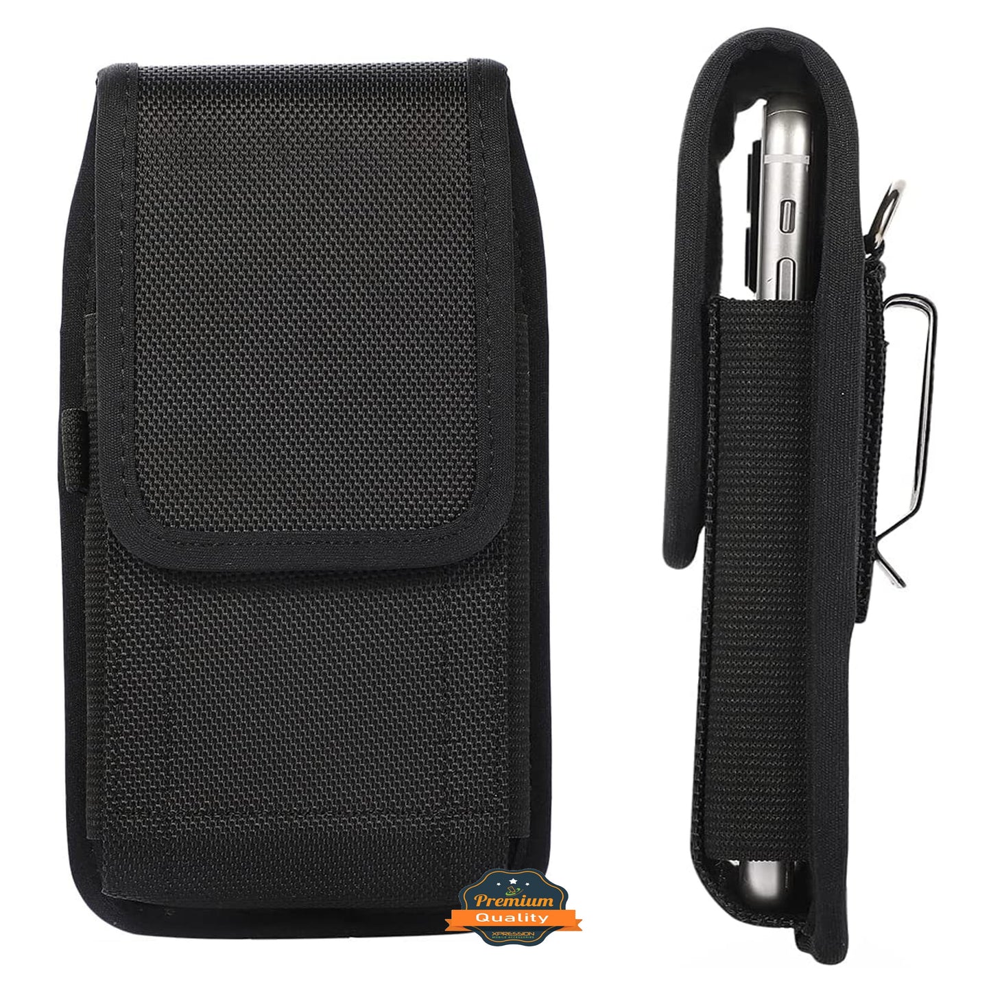 For Apple iPhone 16 Pro (6.3") Nylon Canvas Fabric Waist Belt Holster Vertical Pouch Holds Large Phone Works with Thick Cases Universal Cover [Black]