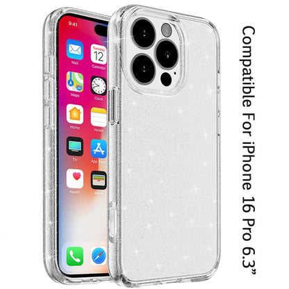 For Apple iPhone 16 Pro Transparent Glitter Shiny Sparkle Bling TPU Rubber Hard Back Hybrid Frame Shockproof Case Cover Clear