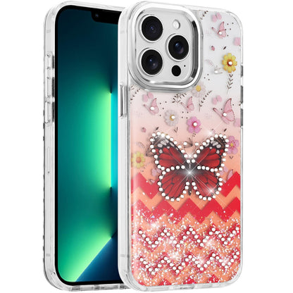For Apple iPhone 13 Pro Max Butterfly Resin Epoxy Diamond Design Metal Edged Hybrid Shockproof Heavy Duty Drop Protection Case Cover