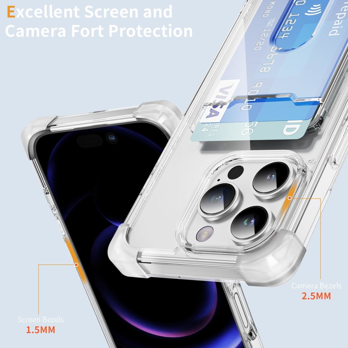 For Apple iPhone 16 Pro (6.3") Wallet Clear Case with Credit Card Holder Rubber Silicone TPU Protection Corner Bumper Shockproof Case Cover