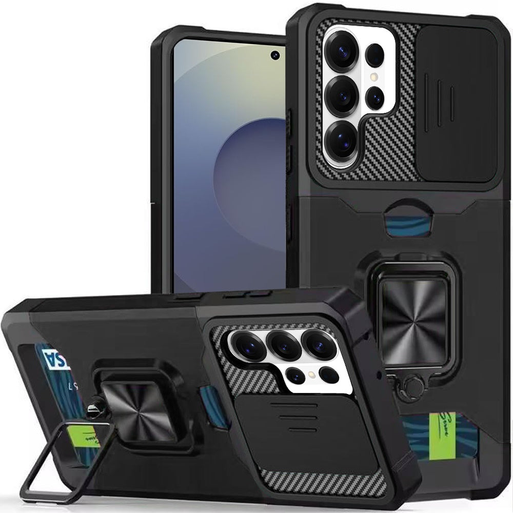 For Samsung Galaxy S26 Ultra Wallet Case with Ring Stand & Slide Camera Cover Back Credit Card Slot Holder, Military Grade Case Cover