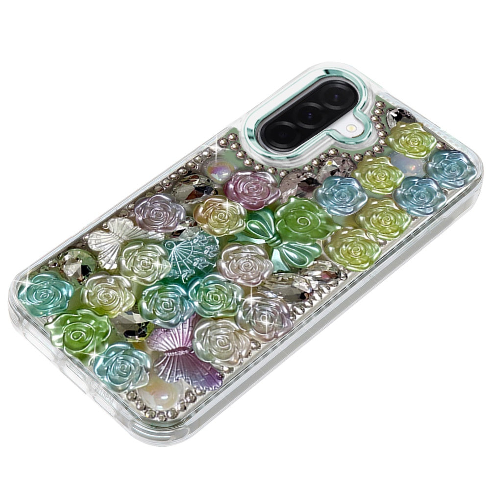 Phone Case for Samsung Galaxy A27 3D Flower Bling Rhinestone Glitter Cute Stylish Shockproof Protective Decorative Luxury Grip Stones Ornaments Cover