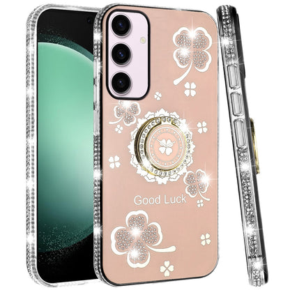 For Samsung Galaxy S23 Ultra Diamonds Bling All Around Edges Sparkly Glitter Hybrid Ring Stand Holder Fashion Good Luck Case Cover