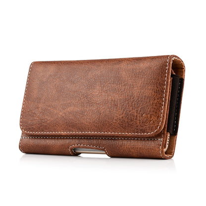 For Apple iPhone 16 Pro (6.3") Universal Horizontal Cell Phone Leather Pouch Holster Carrying Case with Credit Card Slots & Belt Clip Loop Cover [Brown]