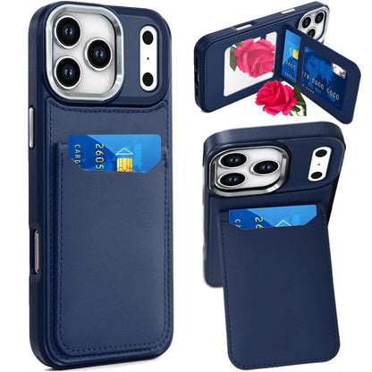 Phone Case for Apple iPhone 17 Pro Max (6.9") Credit Card Holder Mirror PU Leather Wallet Shockproof Grip Slim Protective Hybrid Magnetic Style Durable Cover Dark Blue