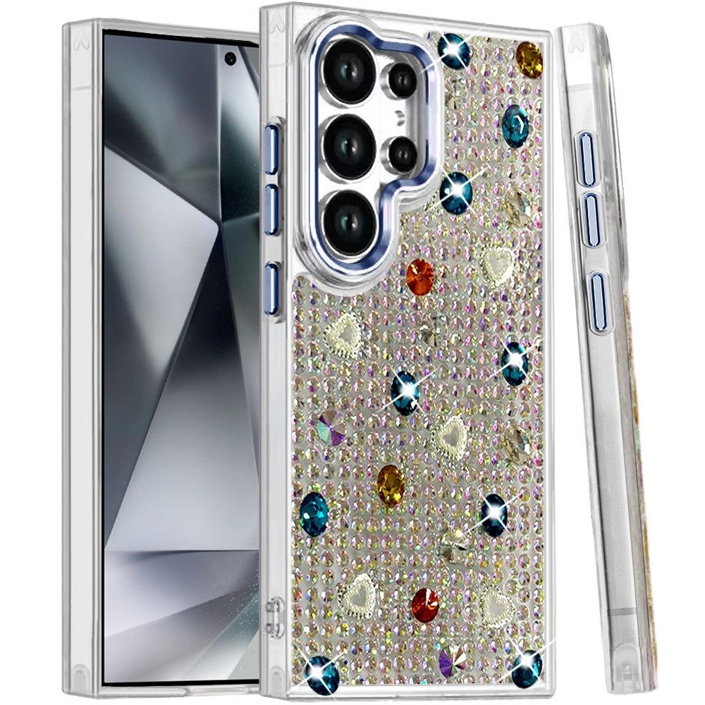 Phone Case for Samsung Galaxy S24 Ultra Chrome Fashion Hybrid Bling Diamond Heart Rhinestone Decorative Stones Sparkling Embellished Design Cover