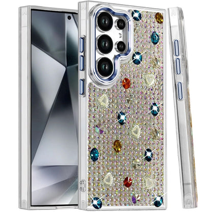 Phone Case for Samsung Galaxy S24 Ultra Chrome Fashion Hybrid Bling Diamond Heart Rhinestone Decorative Stones Sparkling Embellished Design Cover