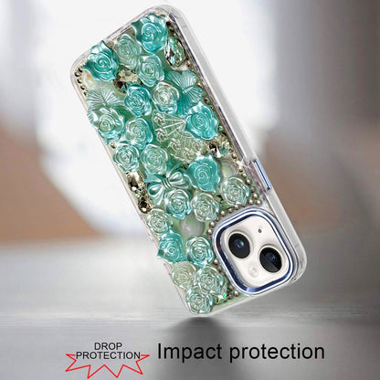 Phone Case for Apple iPhone 14/13 3D Flower Bling Rhinestone Glitter Cute Stylish Shockproof Protective Decorative Luxury Grip Stones Ornaments Cover Blue