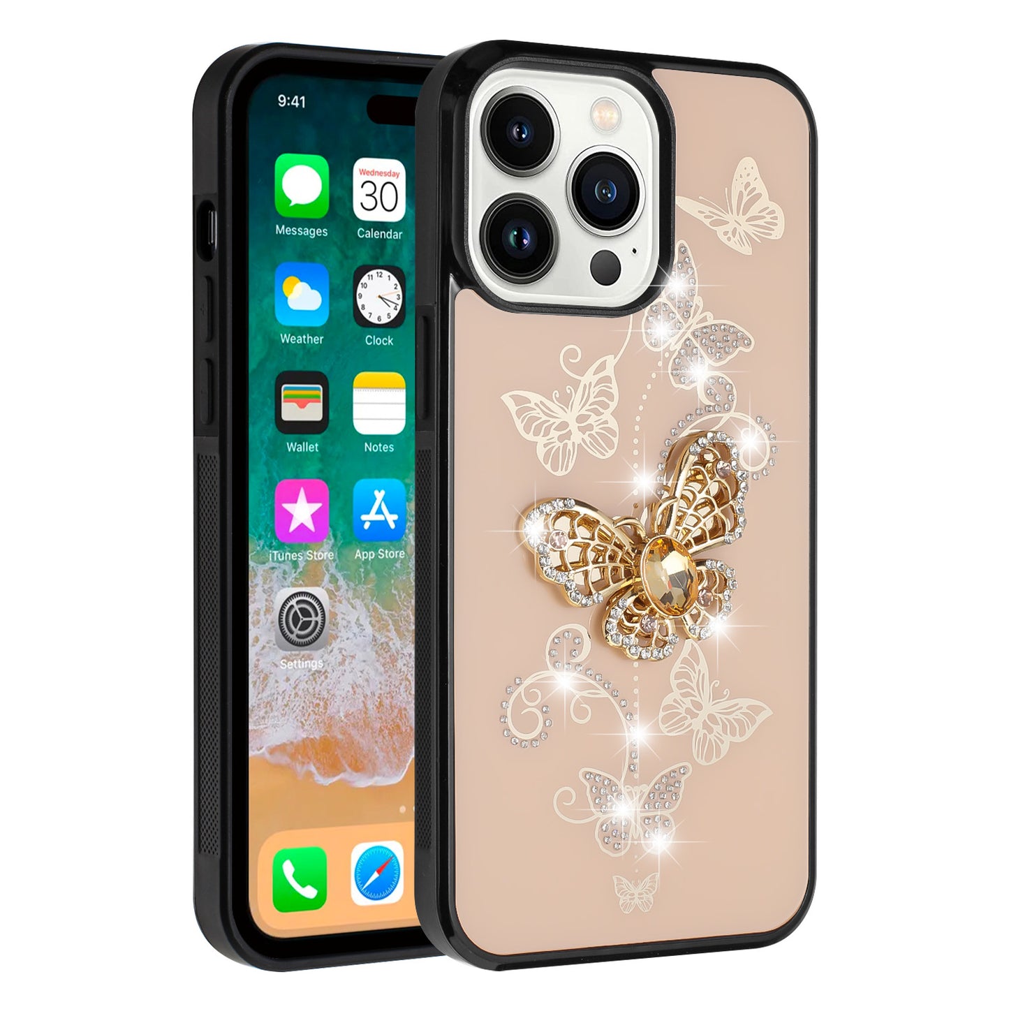 For Apple iPhone 16 Plus (6.7") Diamonds 3D Bling Sparkly Glitter Ornaments Engraving Hybrid Fashion Ring Stand Case Cover