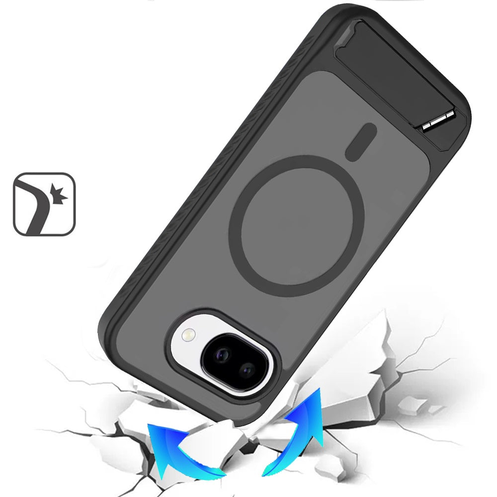 Phone Case for Google Pixel 10A Matte Magnetic Metal Kickstand Shockproof Grip Anti Slip Durable Protective Heavy Duty Hybrid Cover Black