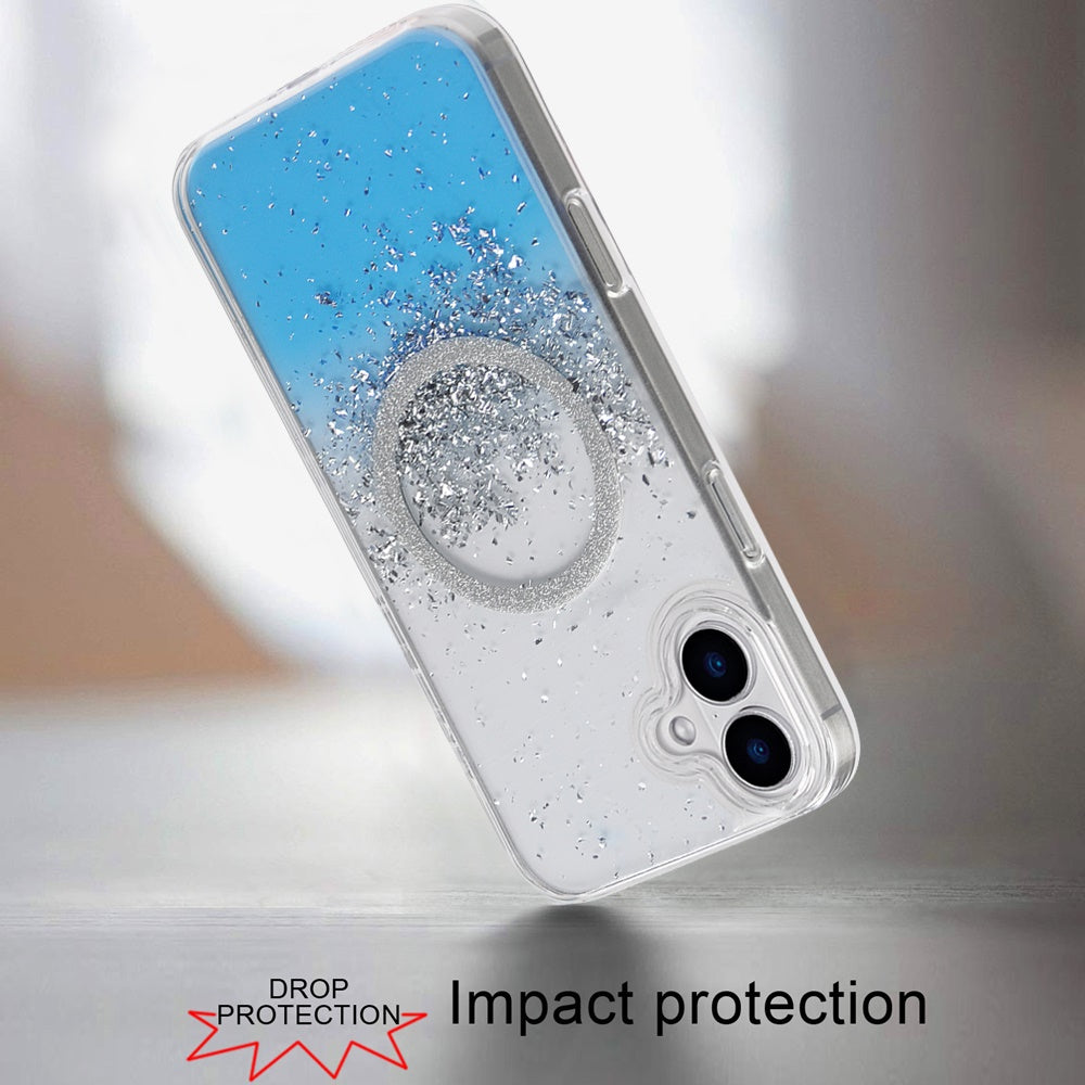 For Apple iPhone 16 (6.1") Premium Transparent Epoxy Glitter Bling Magnetic Circle Compatible with MagSafe Hybrid Sparkle Slim TPU Case Cover