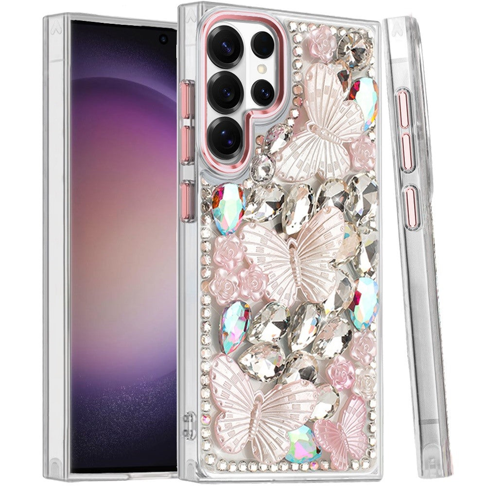 Phone Case for Samsung Galaxy S23 Ultra Luxury 3D Floral Butterfly Bling Rhinestone Glitter Shockproof Stylish Protective Hybrid Designer Metallic Cover