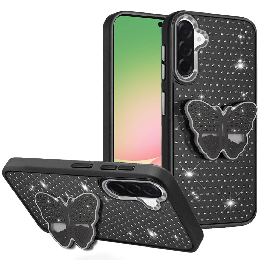 For Samsung Galaxy A37 Butterfly Moveable Grip 3D Pop Stand Full Diamond Bling Sparkling TPU Fashion Hybrid Case Cover