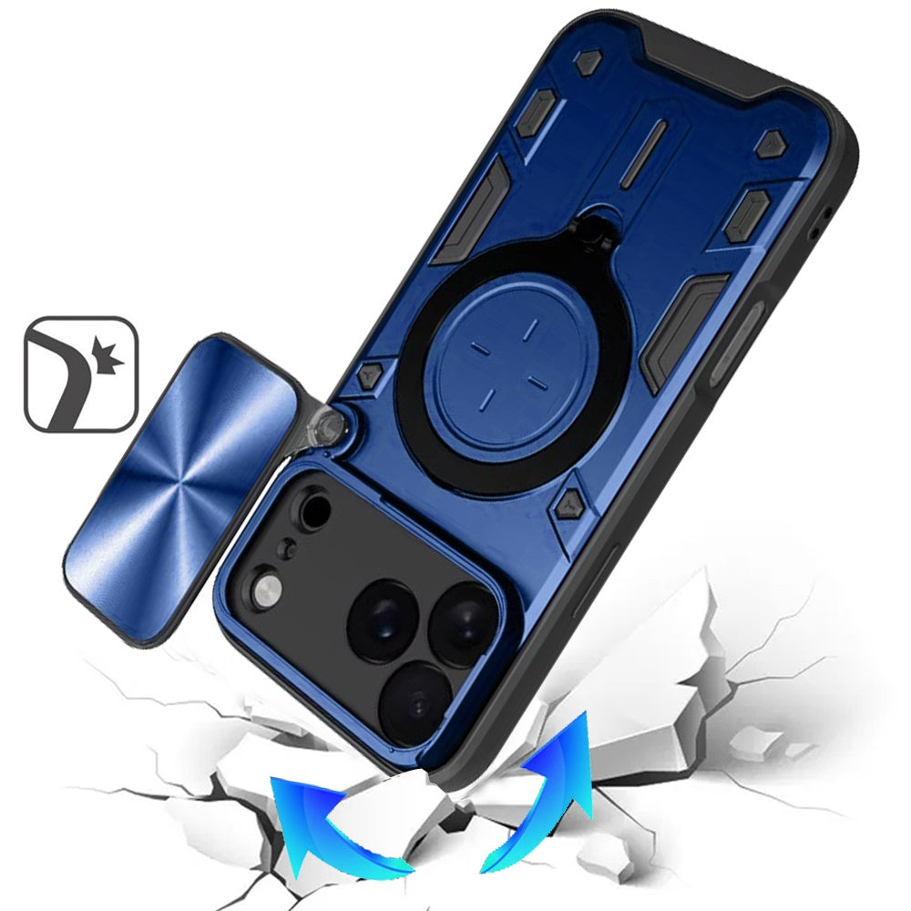 Phone Case for Apple iPhone 18 Pro Max Magnetic Ring Stand Shockproof Hybrid Full Camera Slide Guard Anti Slip Heavy Duty Protective Armor Cover Blue