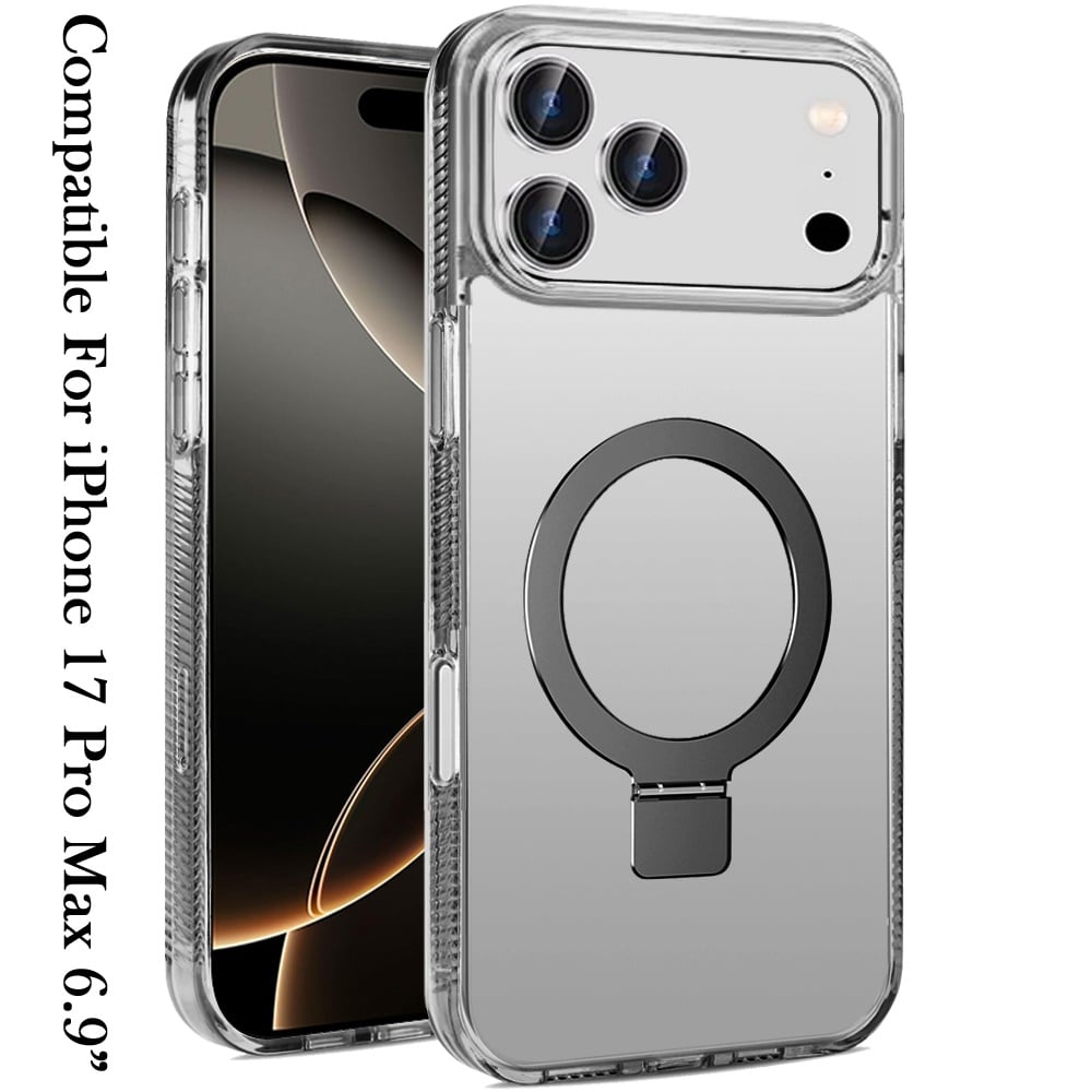 Phone Case for Apple iPhone 17 Pro Max (6.9") Transparent Dotted Edge Magnetic Ring Stand Shockproof Hybrid Grip Kickstand Clear Rugged Drop Protection Cover Black
