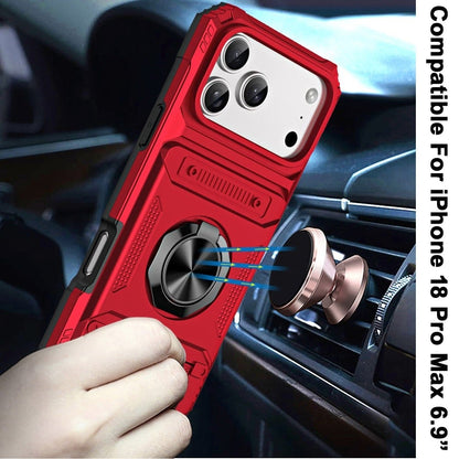 Phone Case for Apple iPhone 18 Pro Max Multi Functional Card Slot Shockproof Metal Ring Hybrid Wallet Rugged Protective Grip Heavy Duty Durable Cover Red