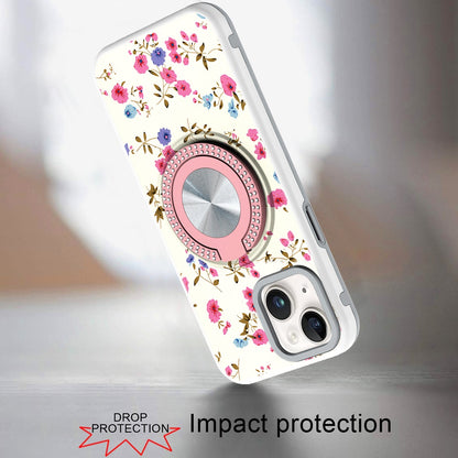 Phone Case for iPhone 14/13 Magnetic Ring Stand Matte Metal Hybrid Car Mount Friendly Shockproof Rotational Grip Diamond Design Pattern Cover