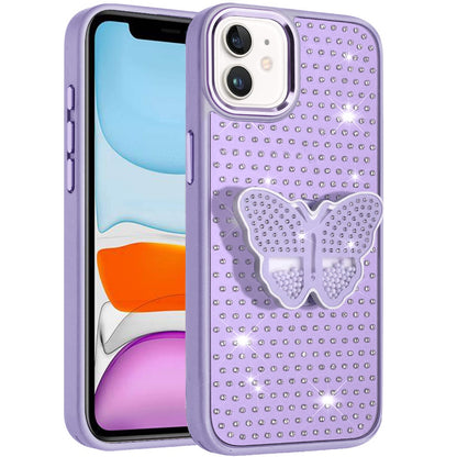 Phone Case for Apple iPhone 11 Butterfly Grip Pop Stand Diamond Sparkle Hybrid Shockproof Metal Button Slim Protective Grip Decorative Design Cover