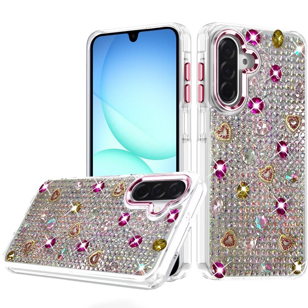 Phone Case for Galaxy A17 5G Chrome Fashion Hybrid Bling Diamond Heart Rhinestone Decorative Stones Sparkling Embellished Design Cover Pink