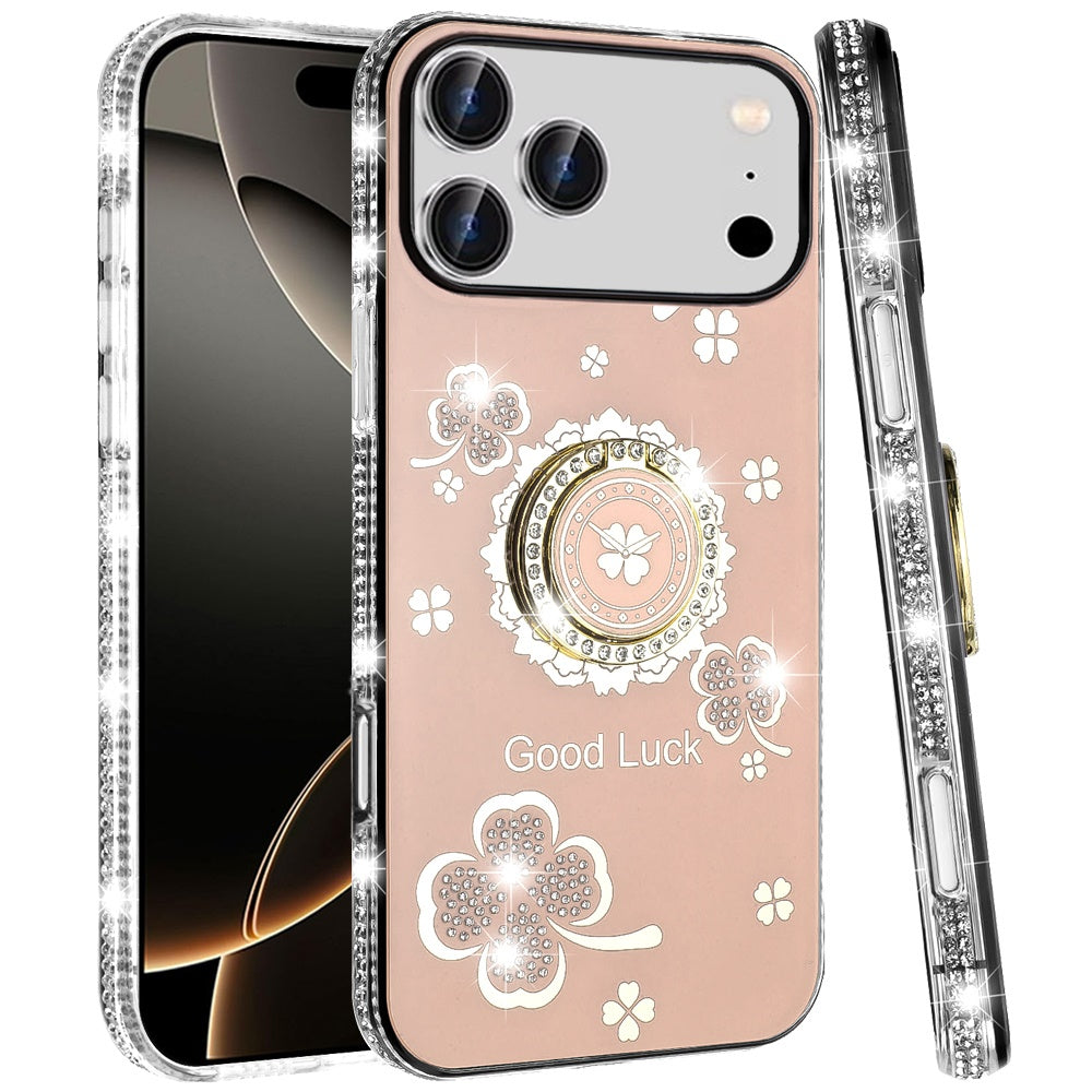 For Apple iPhone 17 Pro (6.3") Diamonds Bling All Around Edges Sparkly Glitter Hybrid with Ring Stand Holder Fashion Good Luck Case Cover