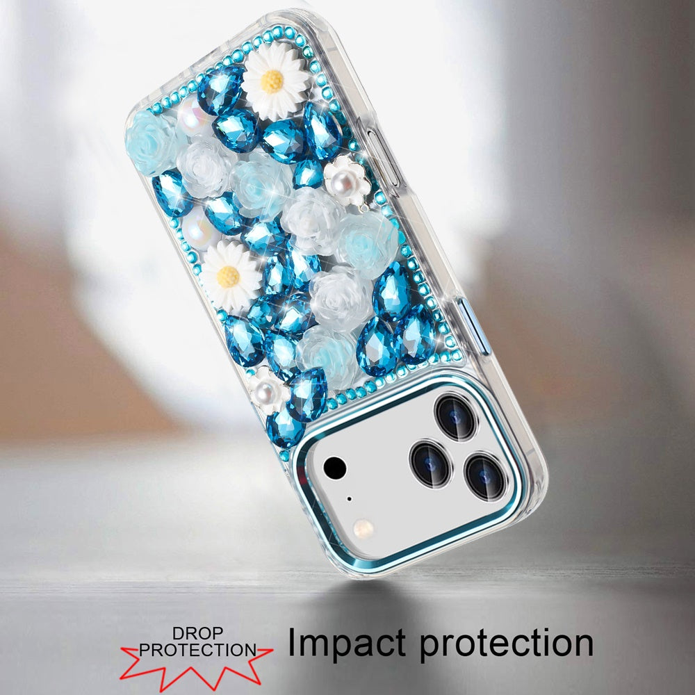For Apple iPhone 17 Pro (6.3") Fashion Daisy Floral Series, Full 3D Bling Crystal Diamonds Sparkling Rhinestone Glitter Hybrid Design Case Cover