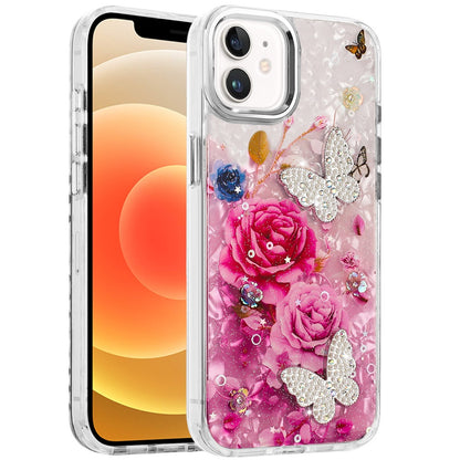 For Apple iPhone 16e Epoxy Glitter Flowers Bling 3D Butterfly Fashion TPU Hybrid with Shockproof Protection Case Cover