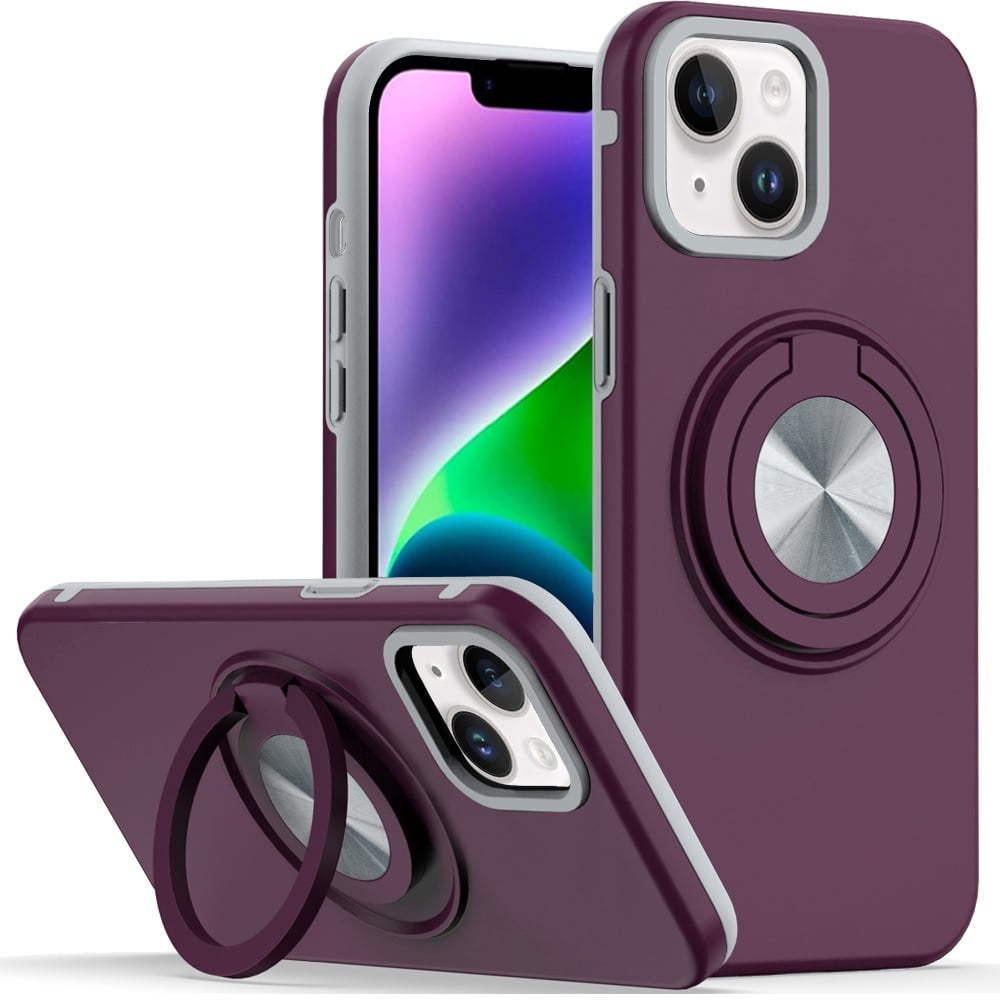 Phone Case for iPhone 14 Shockproof Magnetic Ring Stand Rotating CarMount Hybrid Metal Matte Finish AntiSlip Grip Kickstand Cover Red