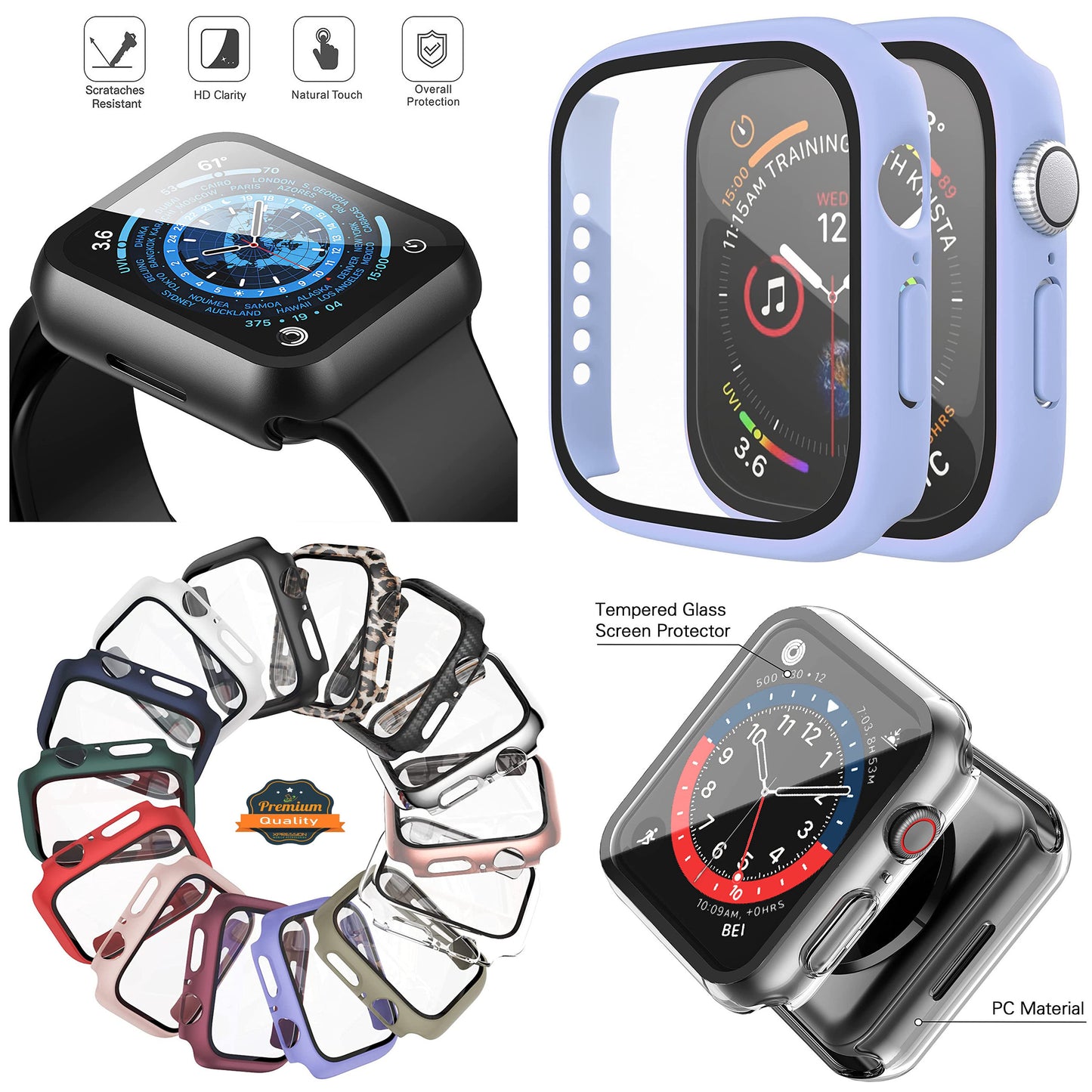For Apple Watch Size 45mm Slim Hard PC Bumper, Clear Touch Full Coverage with Built in Tempered Glass Screen Protector Case Cover