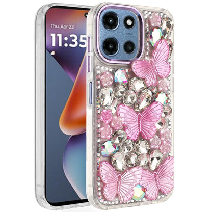 Phone Case for Motorola Moto G 5G 2026 /2025 Luxury 3D Floral Butterfly Bling Rhinestone Glitter Shockproof Stylish Protective Hybrid Designer Metallic Cover Purple