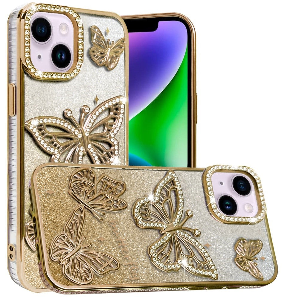 For Apple iPhone 16 (6.1" ) Luxury Butterfly Sparkle Glitter Diamond Crystal Rhinestone Shimmer Bling Plating Thick TPU Hard PC Case Cover