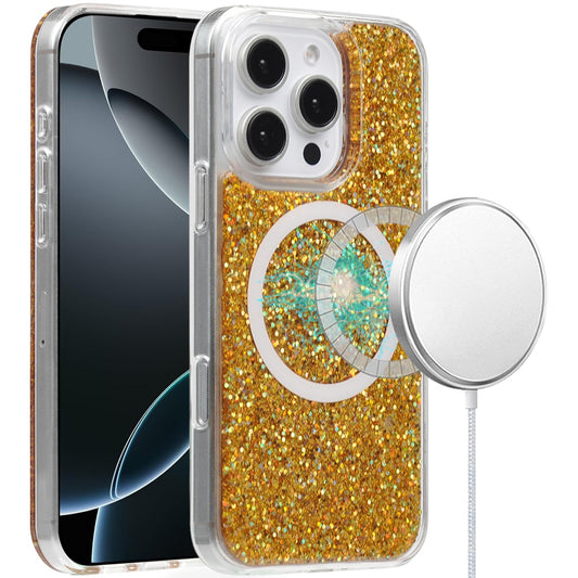 For Apple iPhone 16 Pro (6.3") Transparent Epoxy Glitter Magnetic Circle Compatible with MagSafe Hybrid Bling Sparkle Hard PC Slim TPU Case Cover
