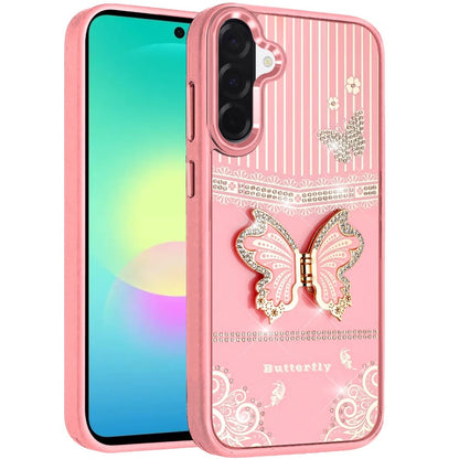 Phone Case for Samsung Galaxy A27 Glitter Bling Butterfly Stand Metallic Edge Hybrid Shockproof Grip Durable Camera Protection Stylish Design Cover